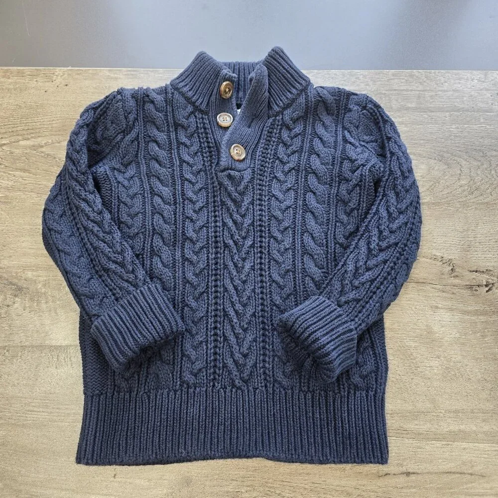 Gap Kids Cable Knit Quarter Button Sweater Kids Boys Size XS 4-5 Navy Blue